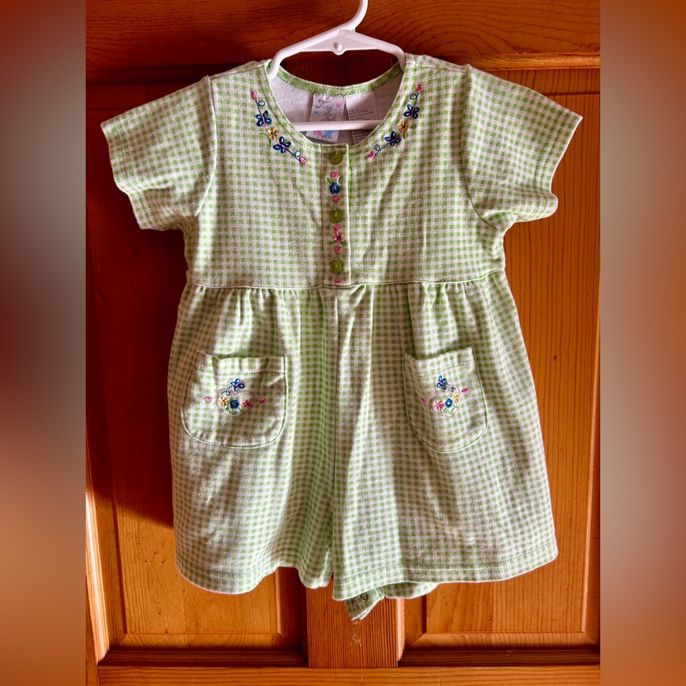 Vintage Green Gingham Baby Romper with Flower Embroidery